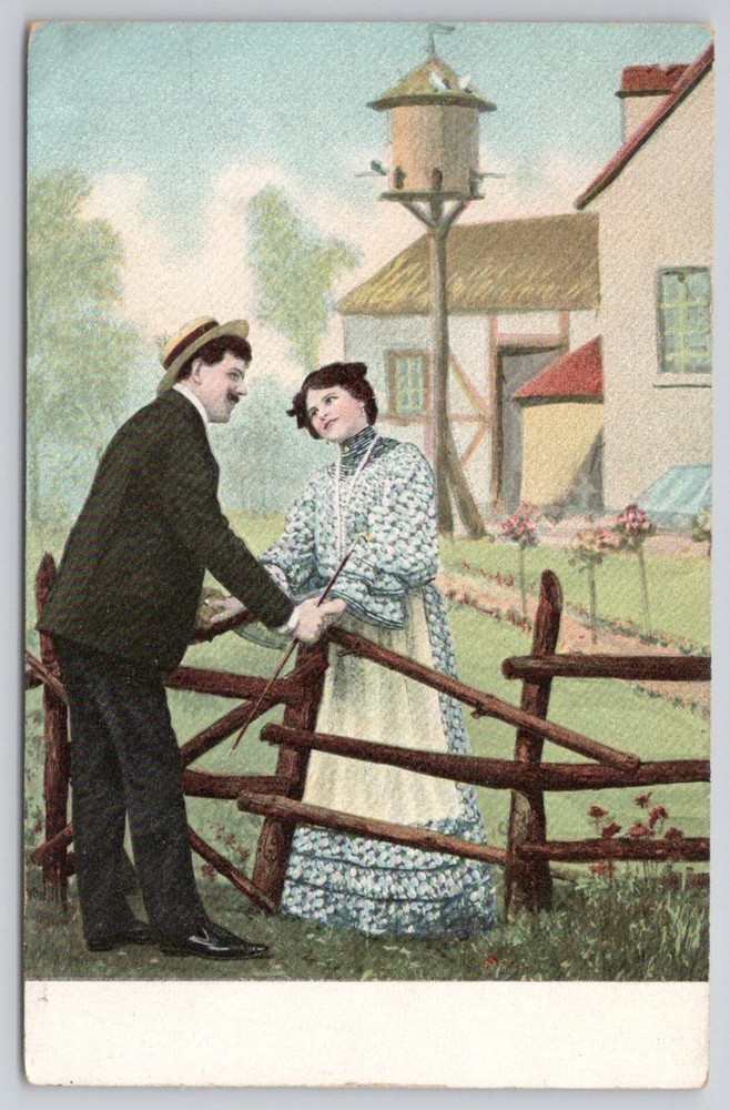 Vintage Early 1900s Romantic Couple Courting Birdhouse Art Postcard