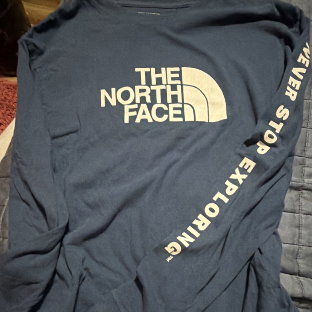 The North Face Men's L Blue Cotton Knit Crew Neck Long Sleeve Graphic Logo Tee
