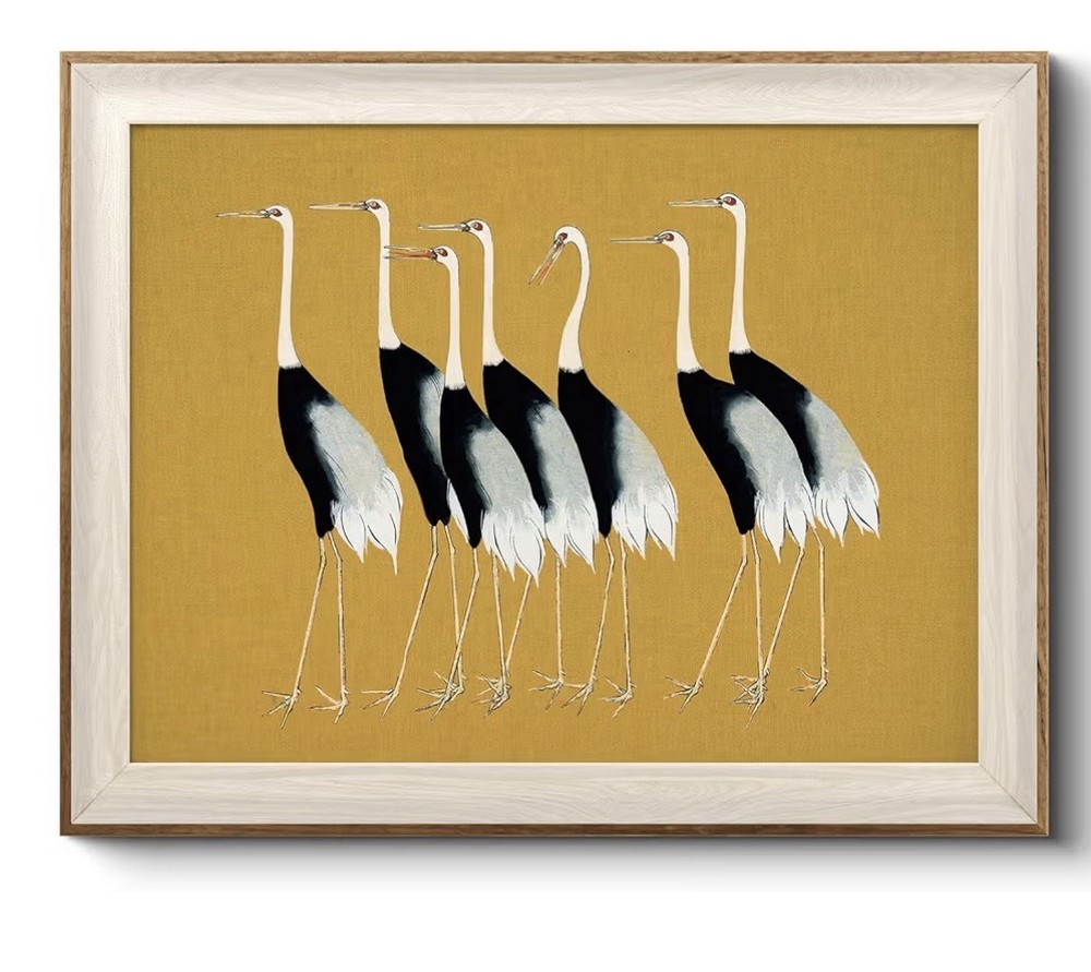 Vintage Seven Cranes Framed Wall Art | 12x16 Animal Painting Canvas Print
