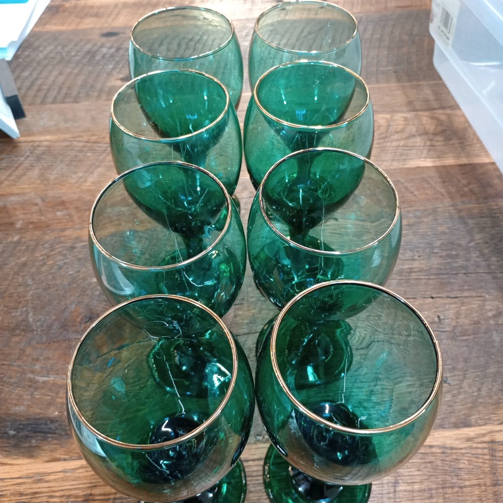 Vintage Libby Juniper Green Water Wine Goblets Set Of 8 Glass Teardrop Gold Rim