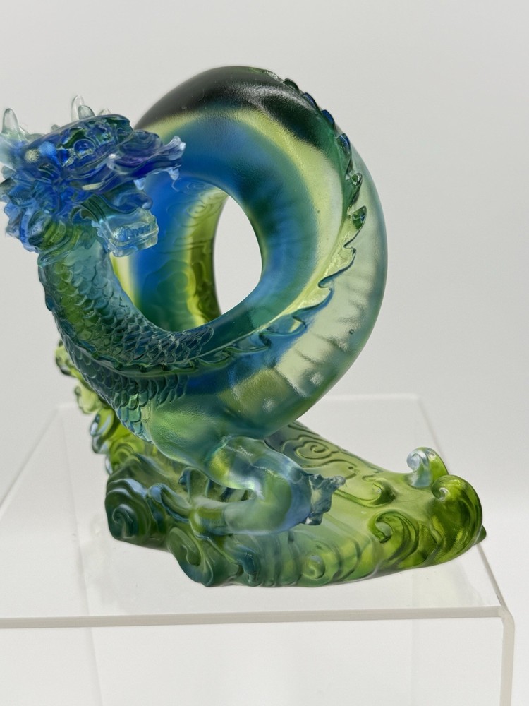 Liuli Crystal Dragon Serpent Figurine in Blue Green Feng Shui Art