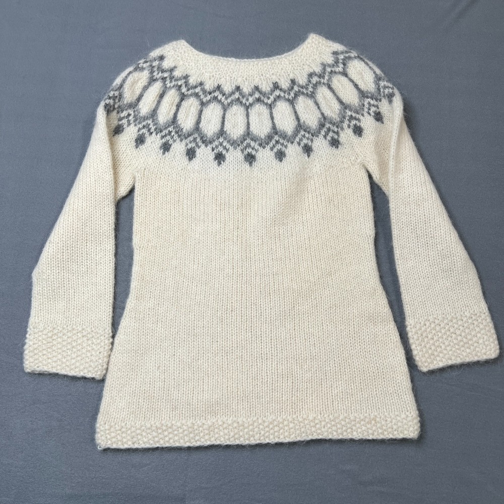 Nordic Store Sweater Women Large Ivory Gray Icelandic Wool Hand Knitted Pullover