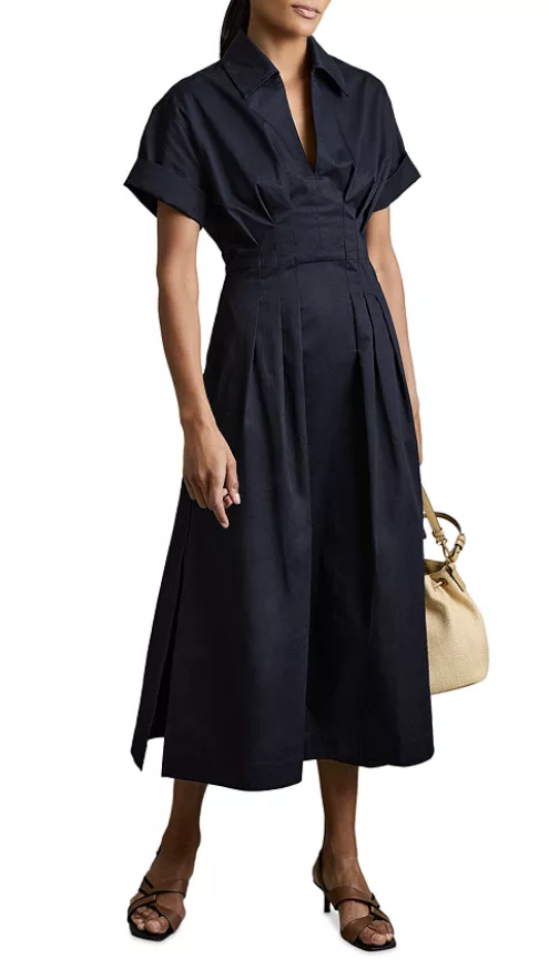 Reiss Aubrey Pleated A-Line Navy Midi Shirt Dress -size 8 / 12 UK -msrp $285