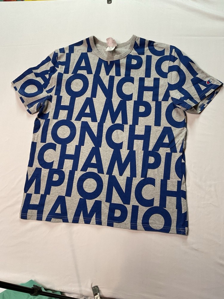 Champion Shirt Mens X-Large Gray Blue Heritage Tee All Over Logo Graphic