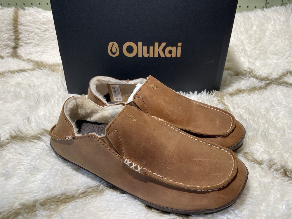 🧡*NIB*Olukai Moloa Men's Size 11 Toffee/Dark Wood Leather Shearling Slippers🧡