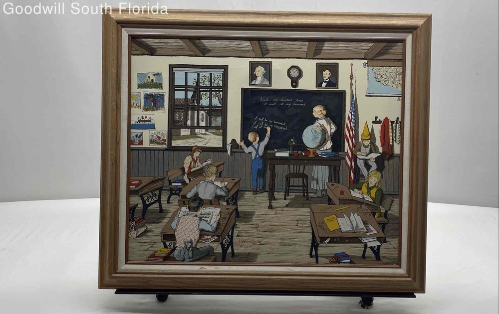 Dear Old School Days Classroom Scene Framed Signed Wall Decor Art Print