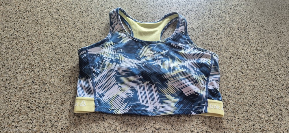 Reebok Sports Bra Womens Large Blue Yellow Abstract Graphic Racerback Athleisure-image