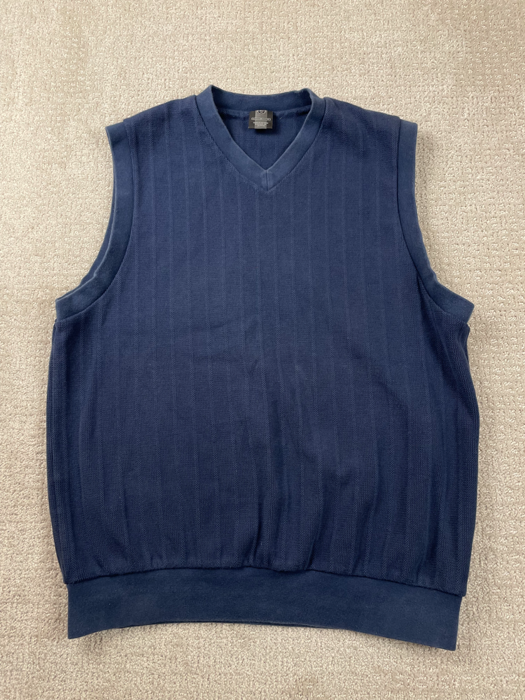 Vintage Nike Golf Vest Mens Large Navy Blue Striped Knit Cotton Pullover V Neck