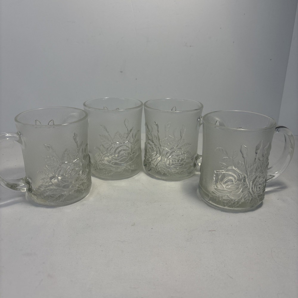 Set Of 4 Indonesia Pressed Glass Coffee  Cup Mug Pasari Livia Frosted Rose VTG
