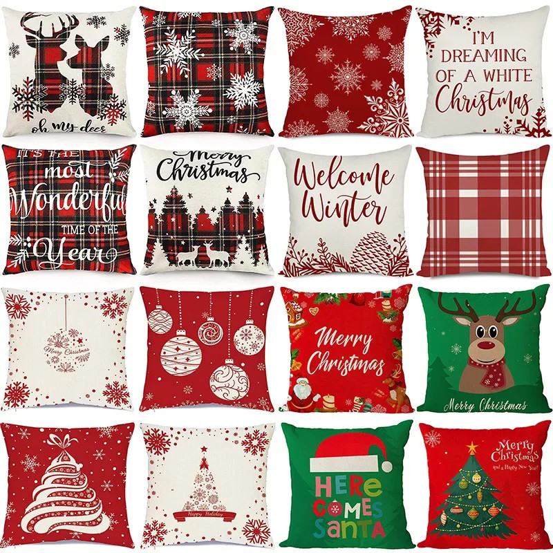 Merry Christmas Decor Cushion Cover 45x45 cm Pillow CaseCartoon Reindeer Santa C