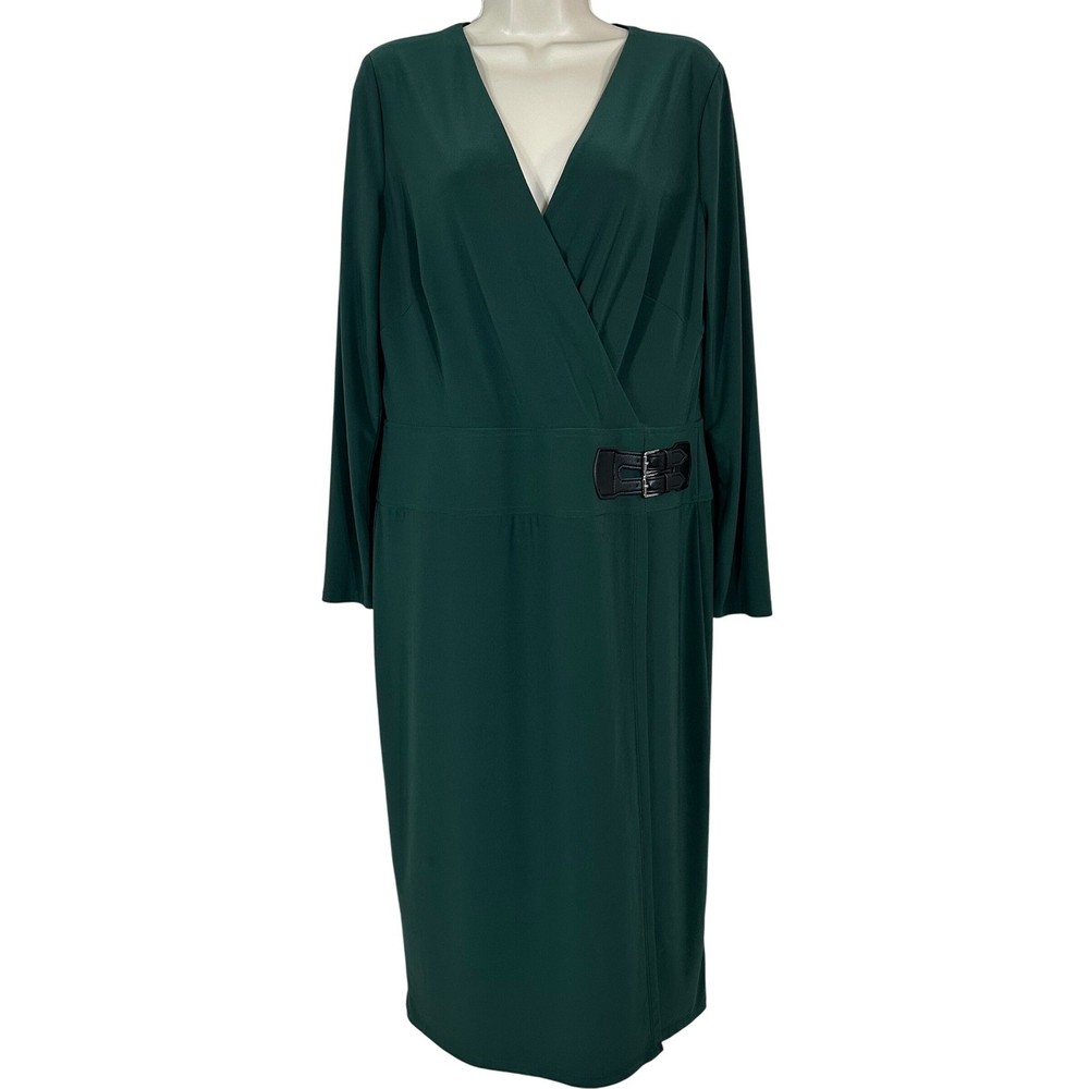 Lauren Ralph Lauren Women's Dress Emerald Green Faux Wrap Buckle Midi Size 12