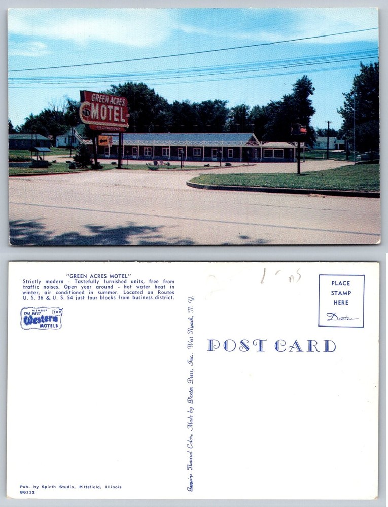 Green Acres Motel Pittsfield, IL Chrome Postcard US 36 & 54 Vintage Roadside