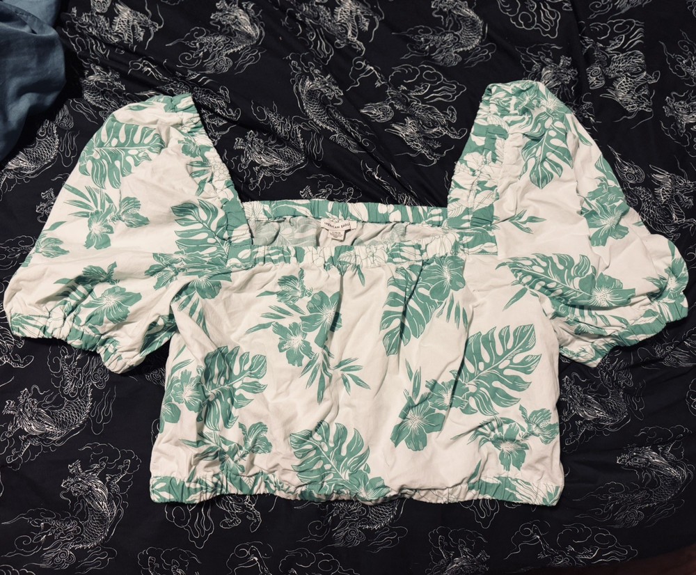 American Eagle Crop Top Green Tropical Floral Puff Sleeve cotton Blouse Sz L