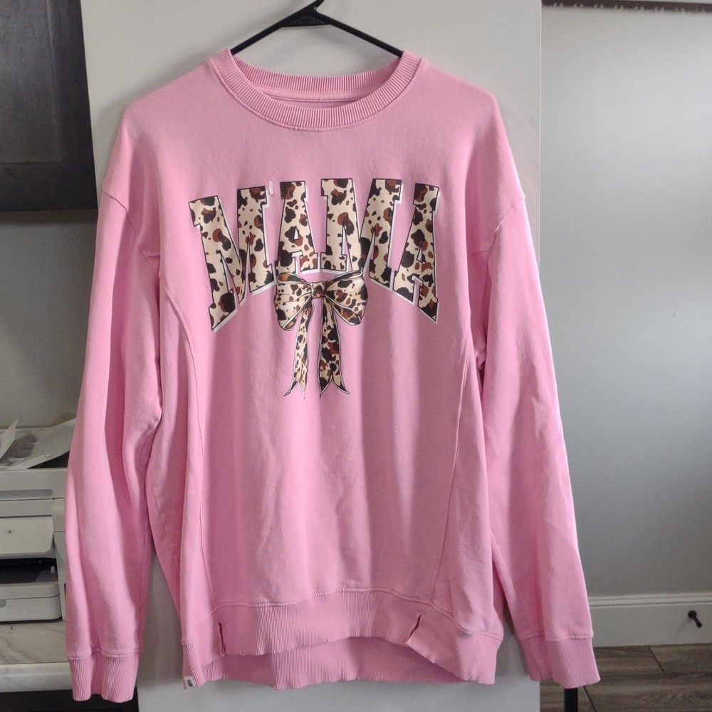 Simply Southern Mama Leopard Print Bow Pink Sweatshirt Women's L