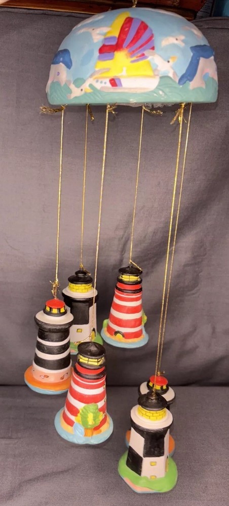 ERCO Ceramic Lighthouse Wind Chime Hanging Mobile Nautical Seaside Home Decor