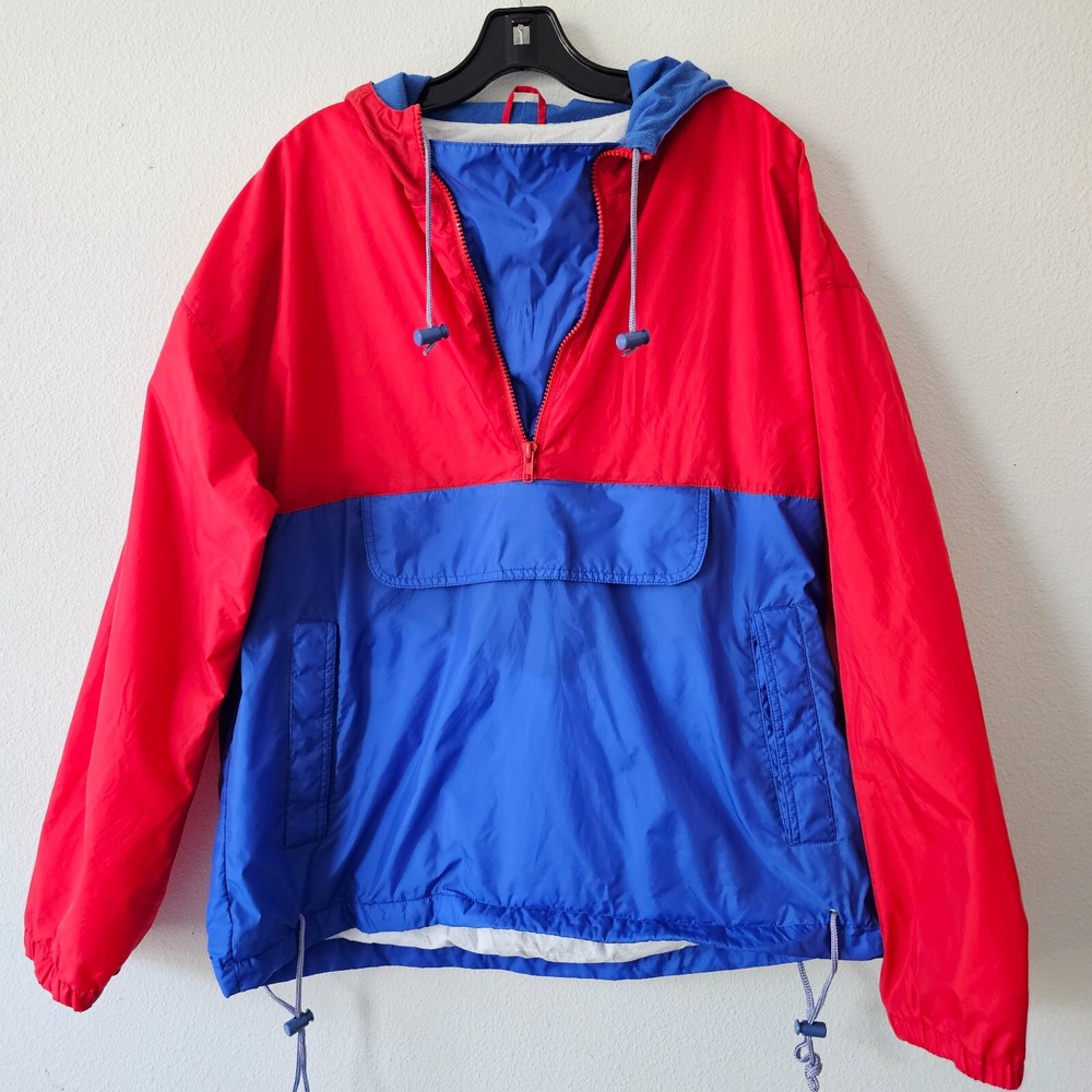 VTG Black Ice Mens Color-Block Red Blue Windbreaker Hooded Anorak Jacket 90s
