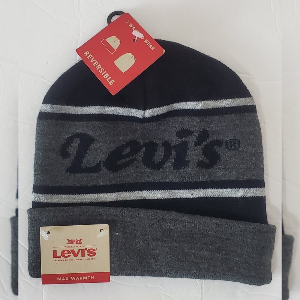 LEVI'S ORIGINAL MEN'S BEANIE HAT BLACK REVERSIBLE MAX-WARMTH