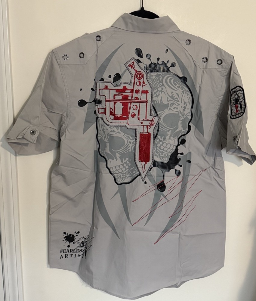 Ablanche Y2K Embroidered Button-Up Shirt Affliction Style Tattoo Print Large NWT