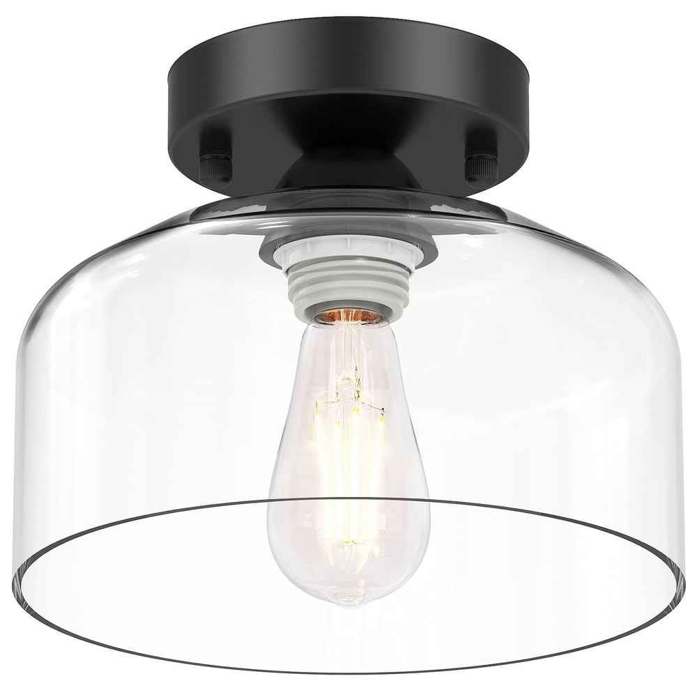 Semi Flush Mount Ceiling Light - Clear Glass Pendant Lamp Shade, Matte Black ...