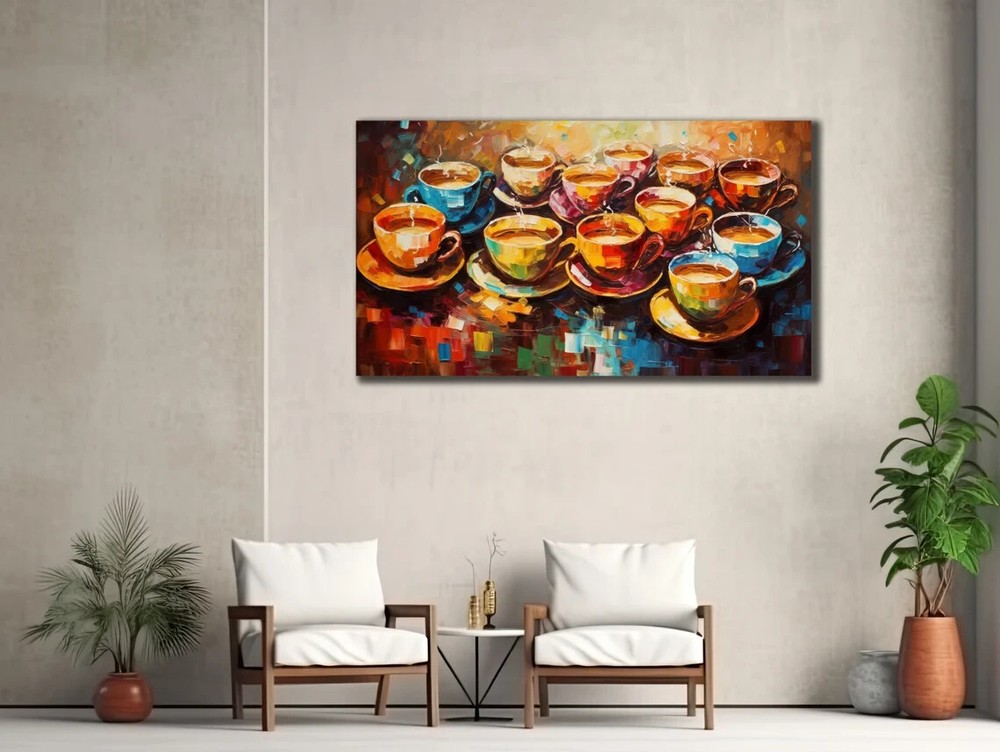 Colorful Cups of Coffee Vibrant Paint Wall Art Canvas Unframed Print Art