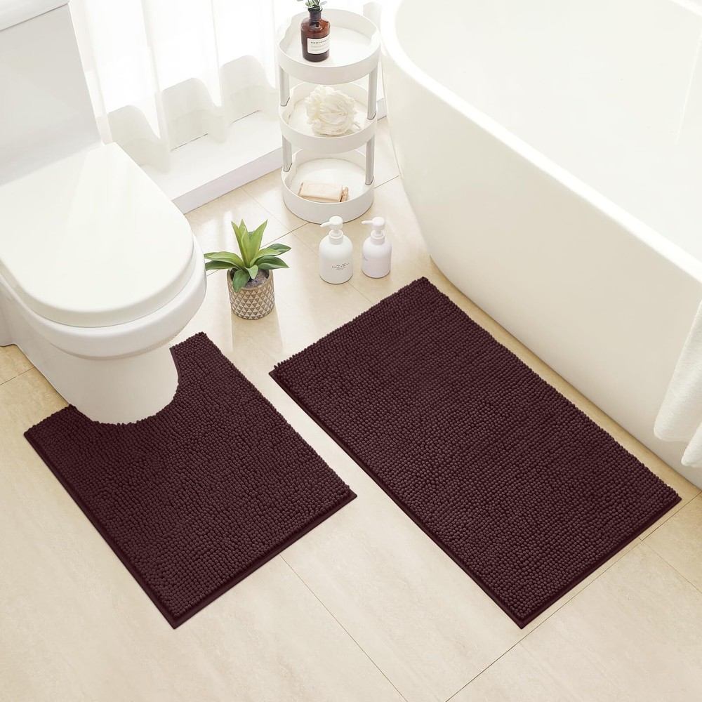 Ultra Soft Non-Slip Chenille Bathroom Rug Set 2-Piece Absorbent Toilet Mat