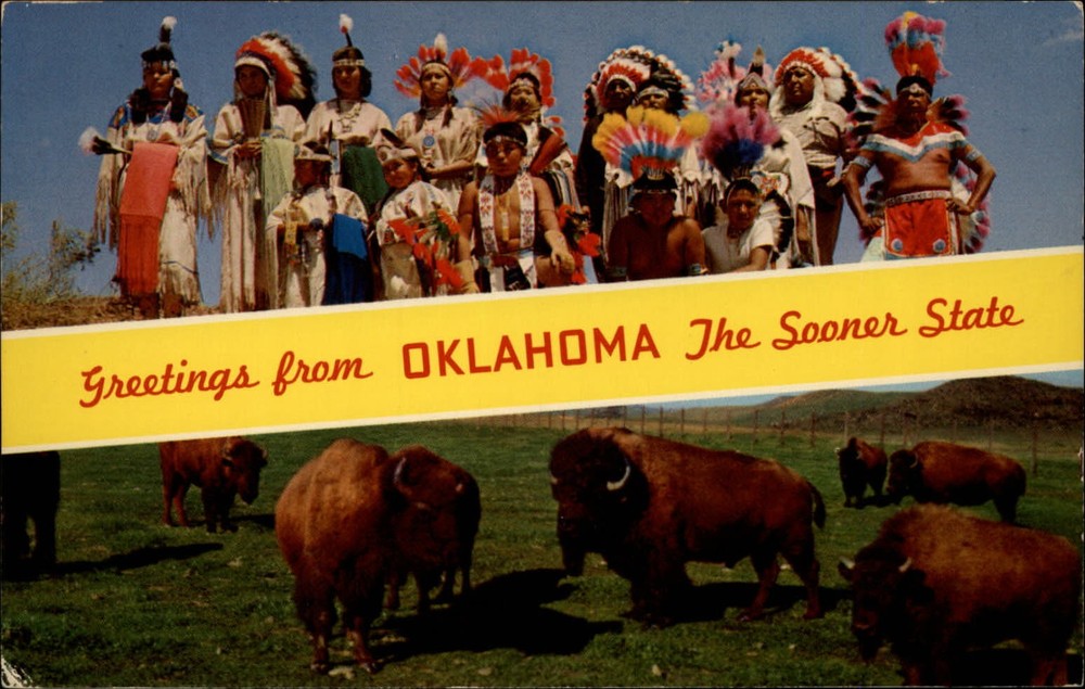 Oklahoma Native people in Ceremonial Dress full regalia buffalo vintage postcard