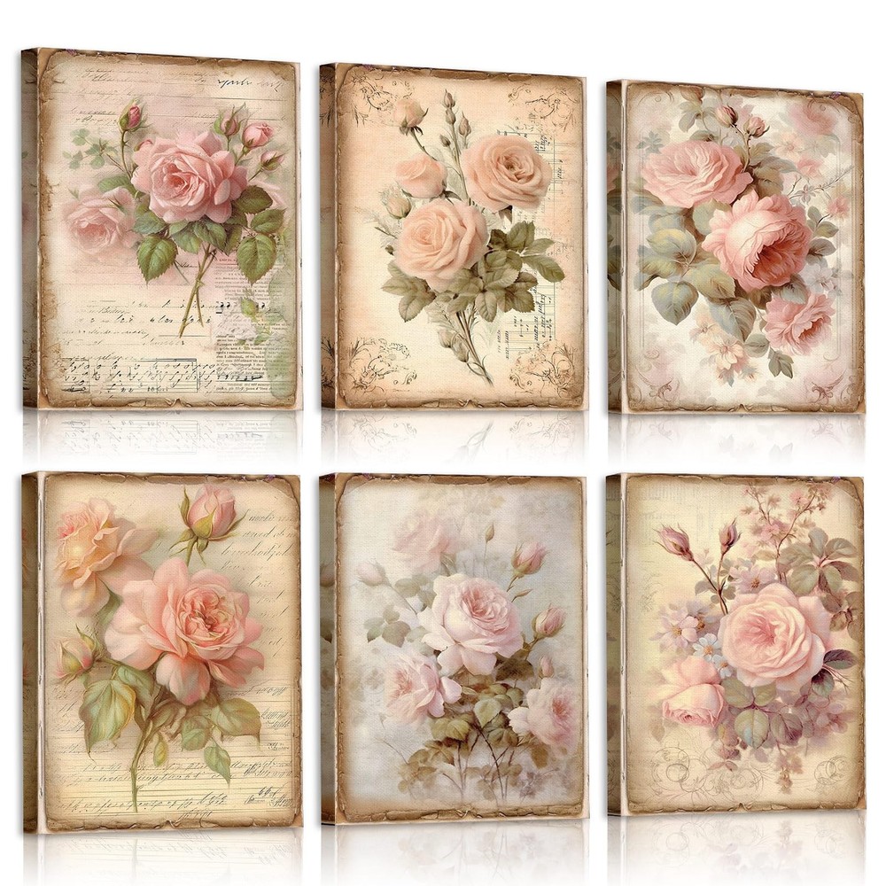 Vercraft 6 Pcs Vintage Flowers Canvas Wall Pink Rose Grandmillennial Home Wal...