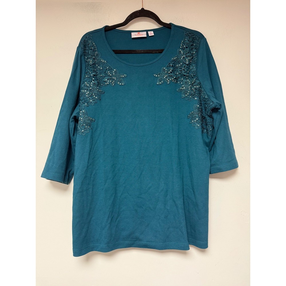 Quacker Factory Knit Top Womens XL Teal Excellent Lace Rhinestone 3/4 Sleeve