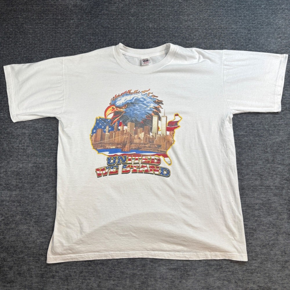 Vintage 9/11 United We Stand NYC Twin Towers Eagle Graphic T-Shirt White Mens XL