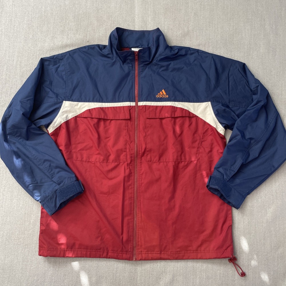 Vintage Adidas Jacket Mens L Red Blue Windbreaker Pockets ZipUp Logo Streetwear