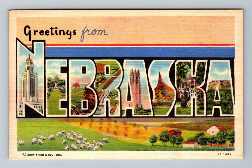 NE-Nebraska, LARGE LETTERs, Landmarks Greetings, Vintage Postcard
