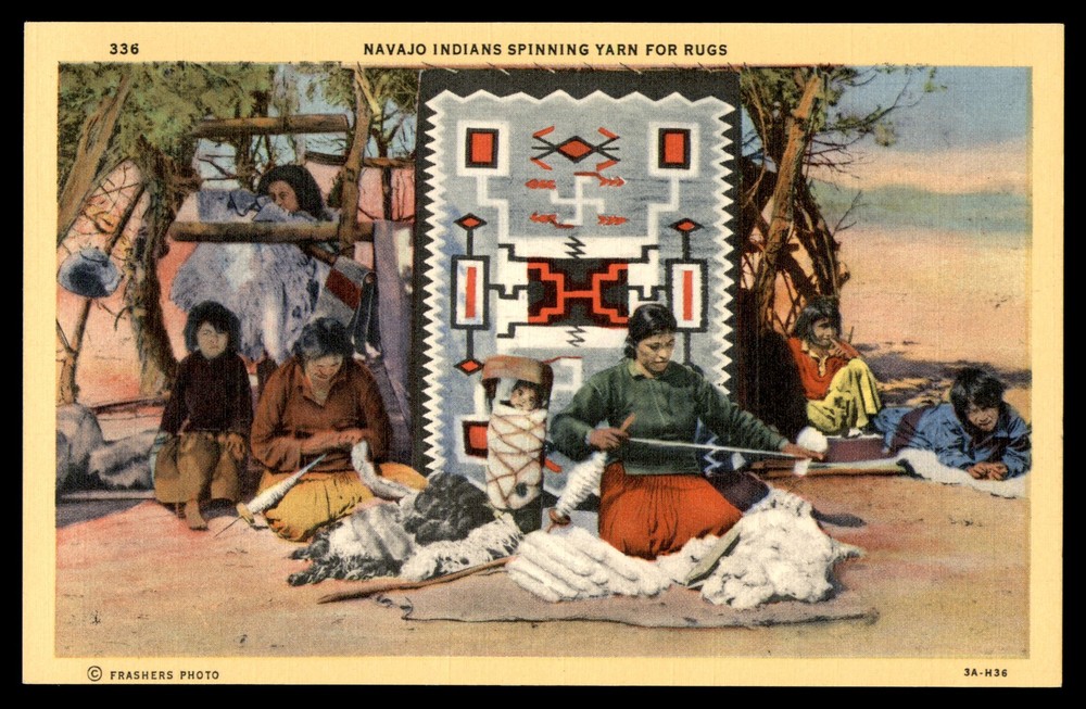 Postcard Navajo Indians Spinning Yarn for Rugs