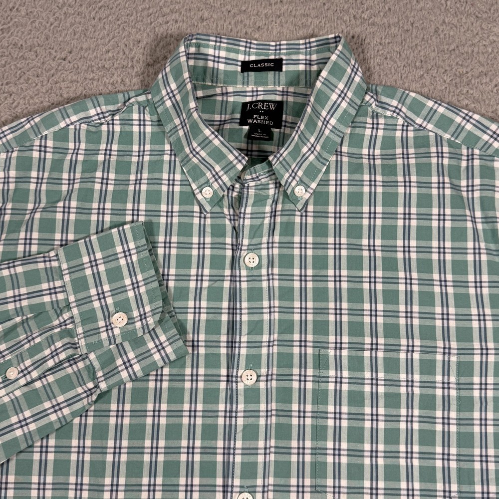 J.Crew Shirt Mens L Green Plaid Long Sleeve Button Up Flex Washed Classic Casual