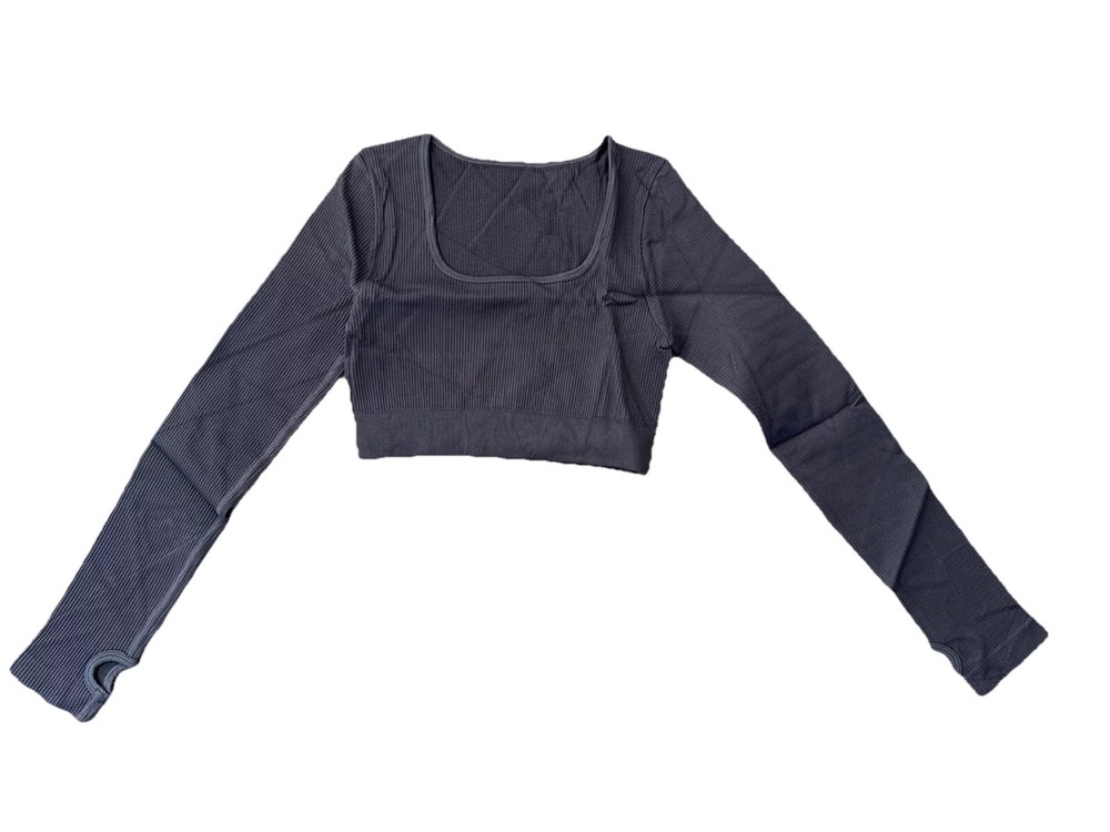 Workout Crop Top/ Square Neck Long Sleeve/ Athletic  Yoga Medium, Gray