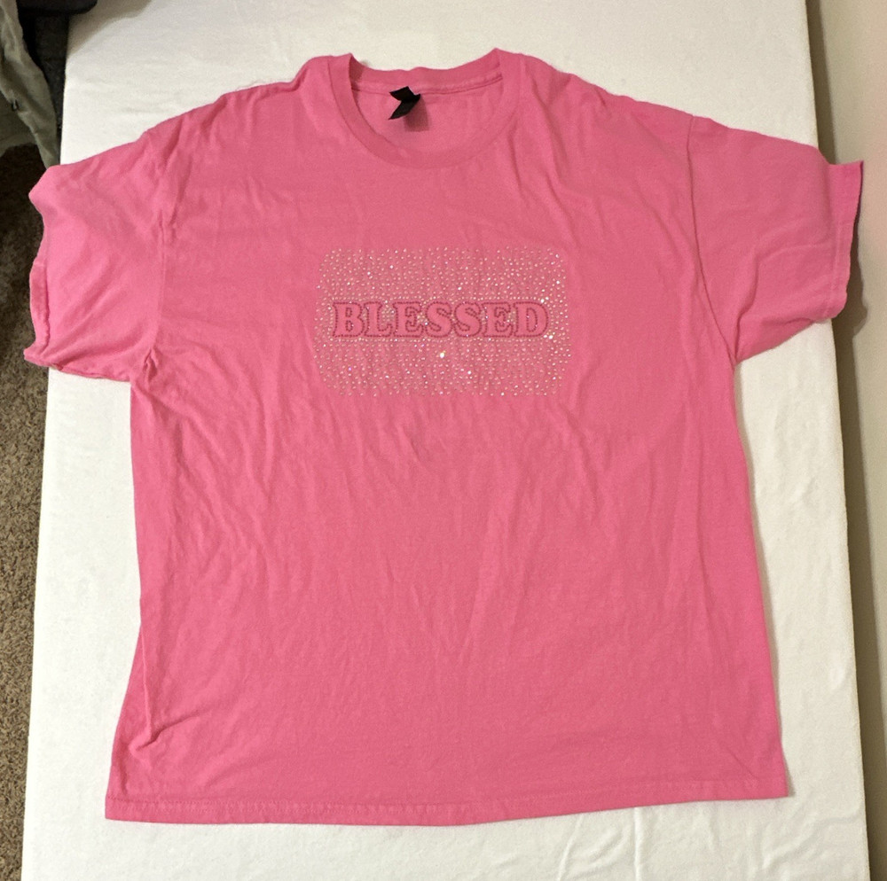 Gildan Hot Pink Rhinestone BLESSED Graphic Tee XL Crew Neck