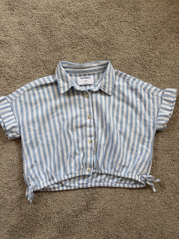 Old Navy Girls L (10-12) Blue/White Striped Cropped Short Sleeve Button-Up