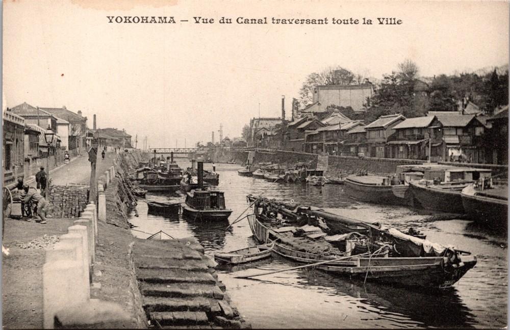 Yokohama Japan View of the Canal and Boats Spanning the City Vintage Postcard