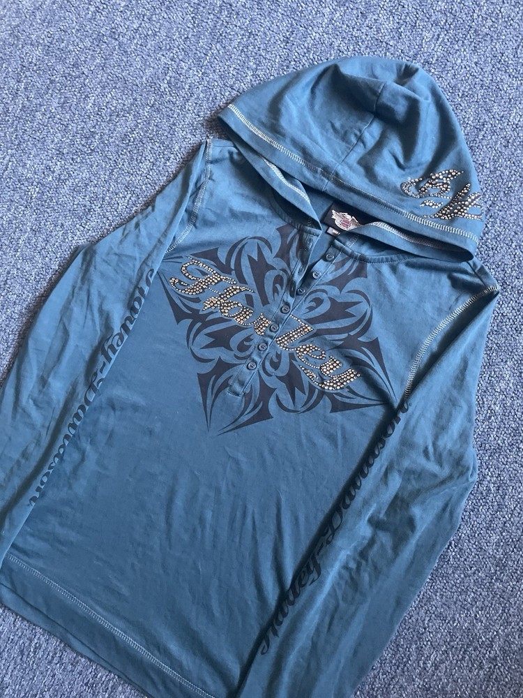 Y2K Harley Davidson Women's Teal Rhinestone Tribal Buttons Hoodie Size Medium