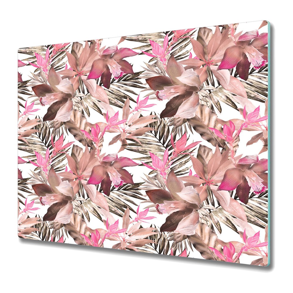 Glass Chopping Board Utensil Tropical Pink Tropical Floral Palm Leaves 60x52
