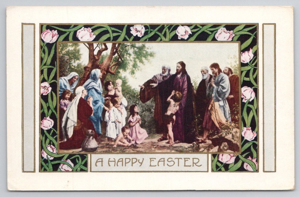 A Happy Easter Whitney Made Postcard - Jesus & Children Religious Art Floral