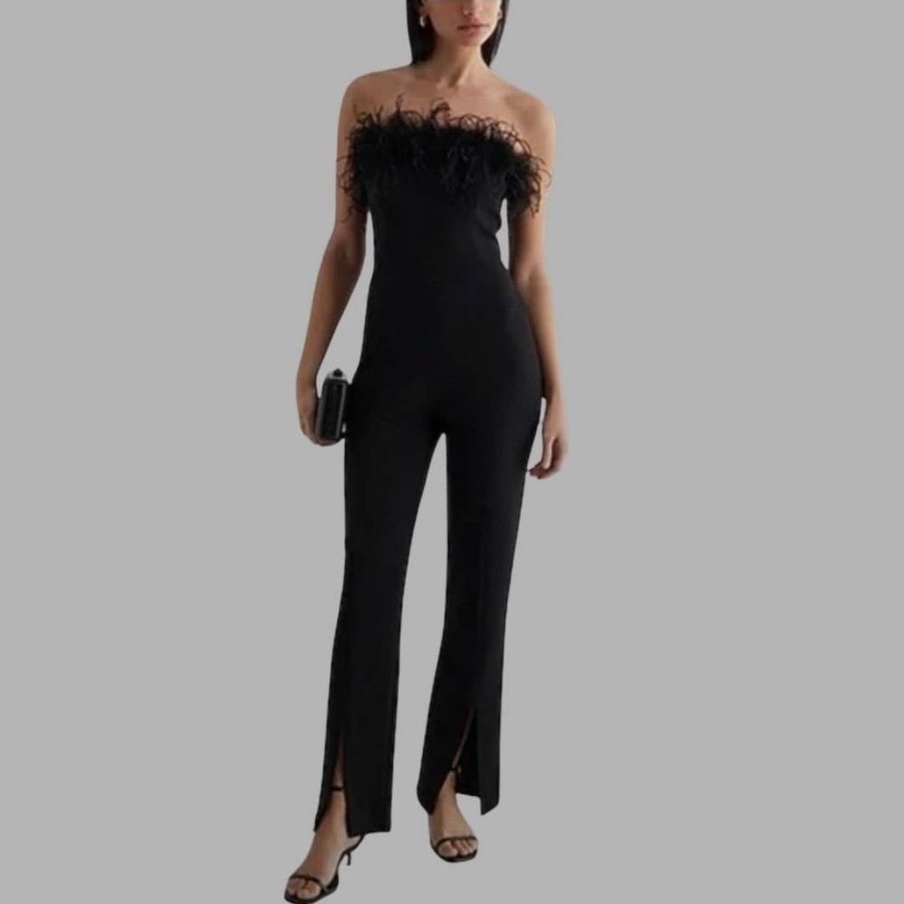 Bebe Feather Trim Strapless Jumpsuit Sz M Black Split Hem Pant Chic Party