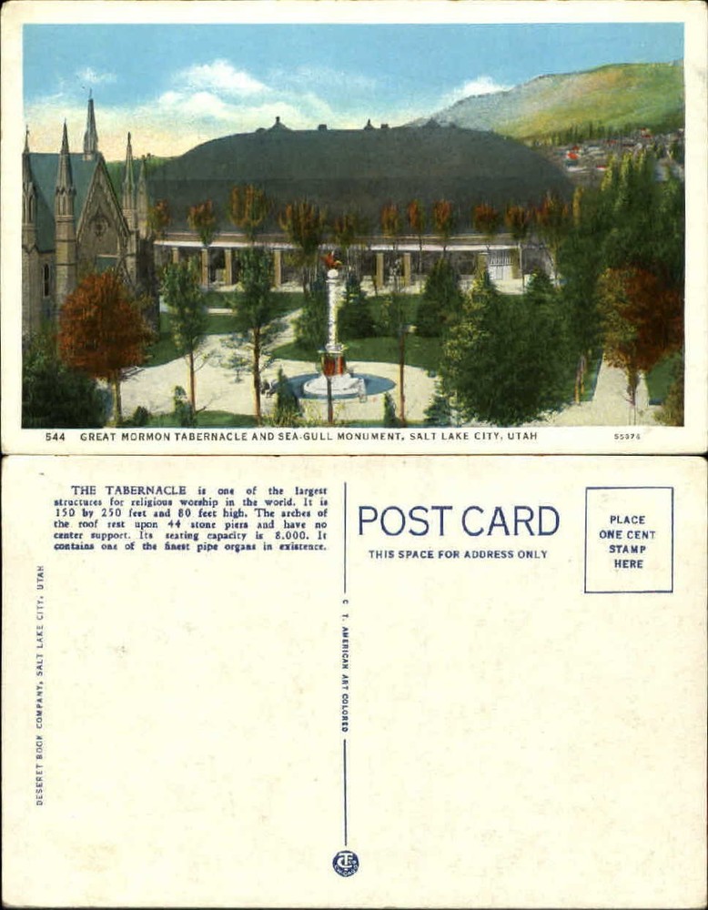 Great Mormon Tabernacle Sea Gull Monument Salt Lake City UT unused postcard
