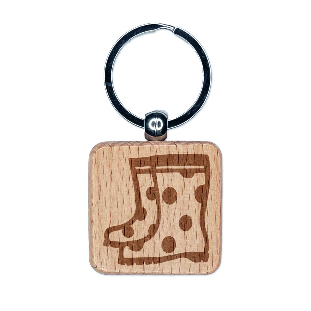 Adorable Summer Polka Dot Rain Boots Engraved Wood Square Keychain Tag Charm
