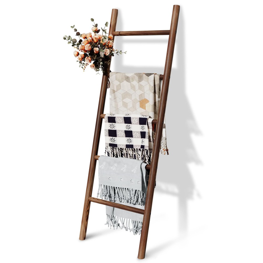 Wooden Blanket Ladder, 4.8ft Throw Blanket Holder for Living Room, Bedroom, R...