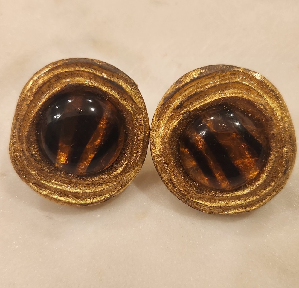 Vintage Clip On Earrings Gold Tone Tiger Eye-Look Round Statement Cabochon