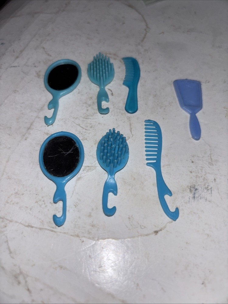 7 Blue Combs Brushes And Mirrors  For Fashion Dolls  Used Vintage