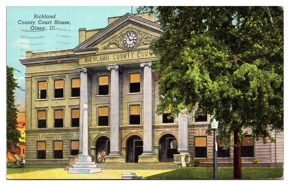 1949 Olney, Illinois Richland County Courthouse Linen Postcard Curteich