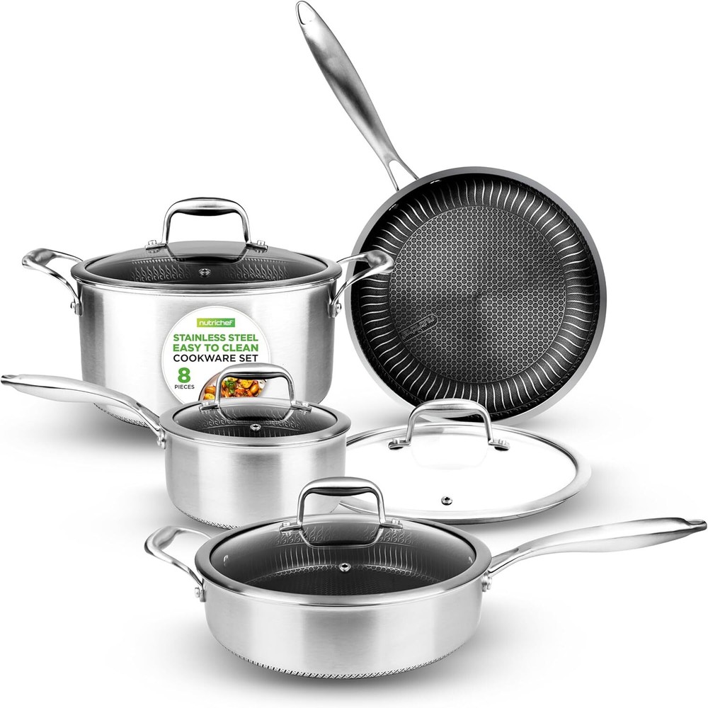 NutriChef 8-Piece Triply Cookware Set Stainless Steel - Triply Kitchenware