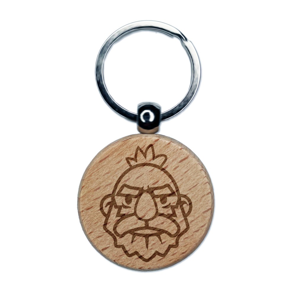 Dwarf Male Face Engraved Wooden Round Keychain Charm Tag  