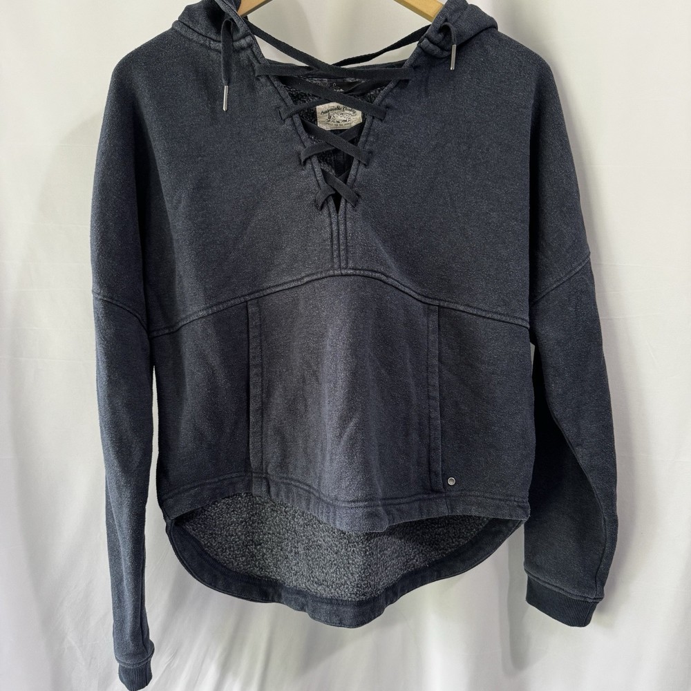 prAna Women's Cozy Up Illana Hoodie Sweatshirt Navy Small Hemp Boho Boxy Crop